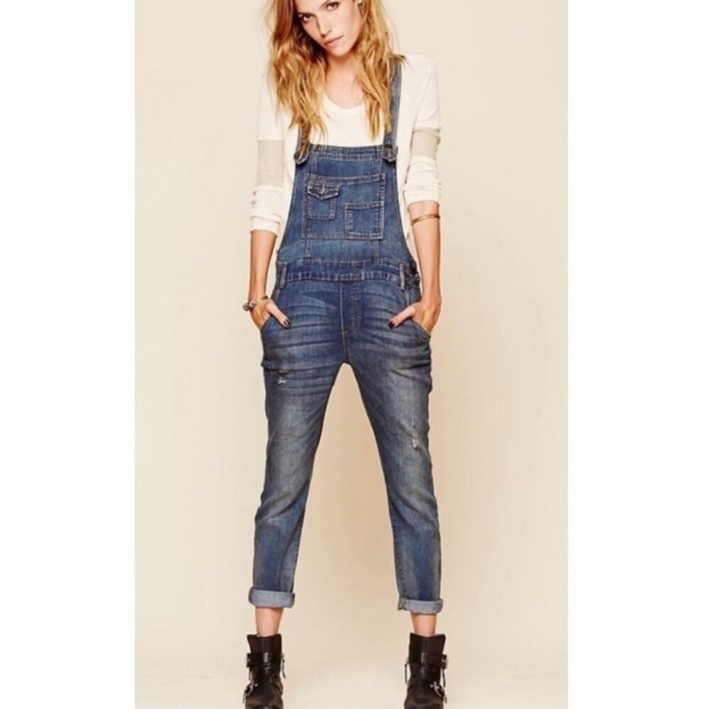Free People Distressed Denim Skinny Overalls